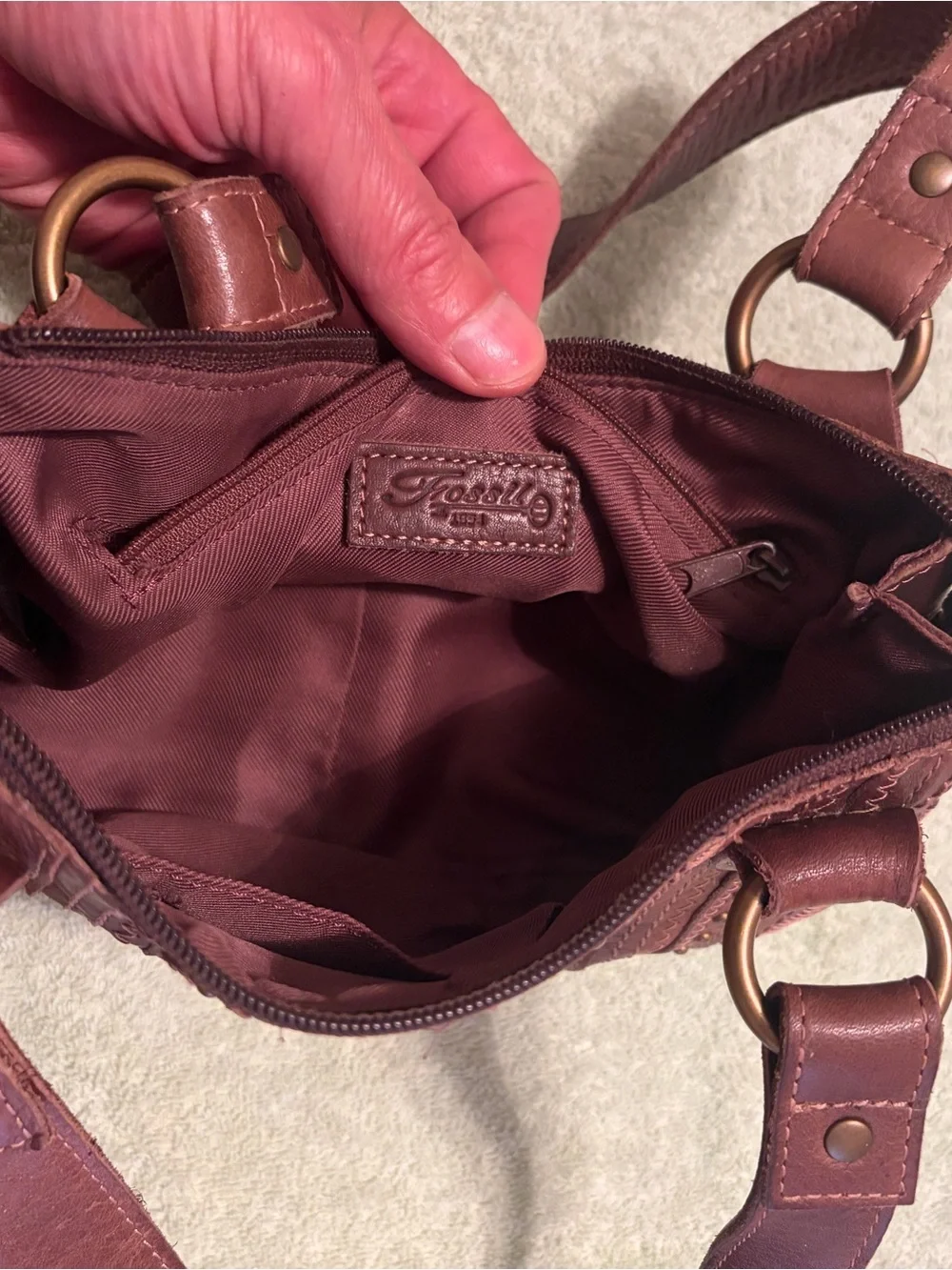 Brown Studded Shoulder Bag & Fossil Wallet Bundle